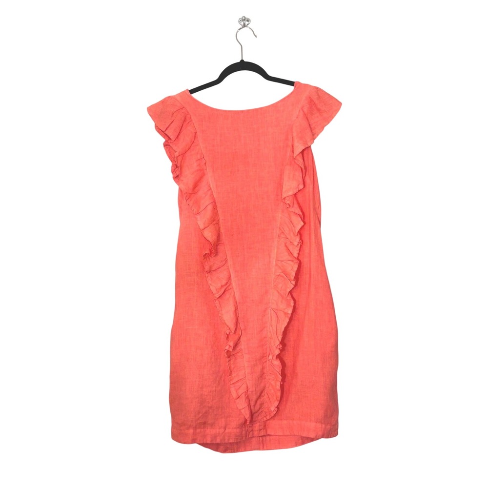 Haris Cotton Greece Pink Linen Ruffle V-Detail Shift Dress Womens Small Coral